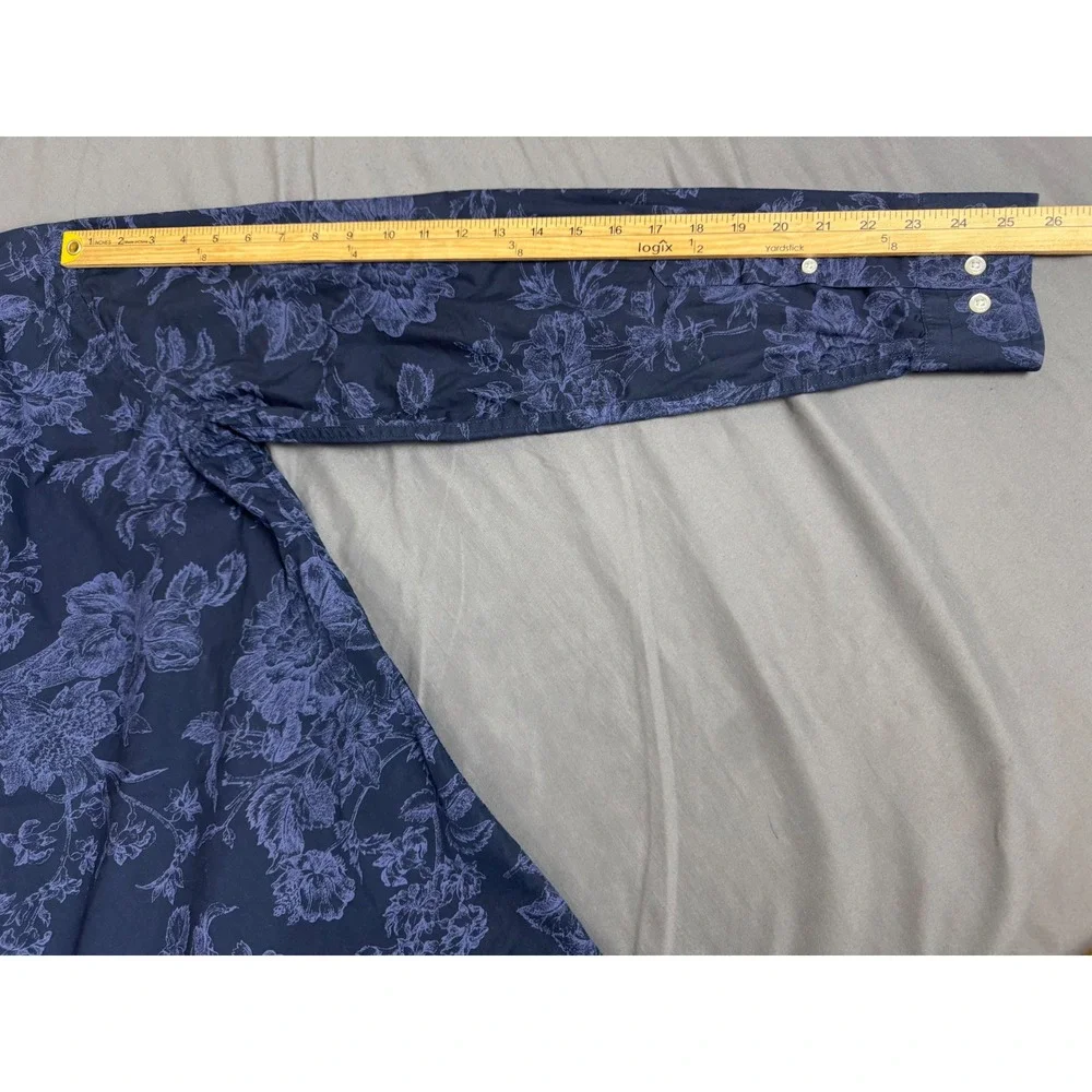 Banana Republic Mens Large Luxe Poplin Untucked Slim Fit Floral Shirt Navy Blue